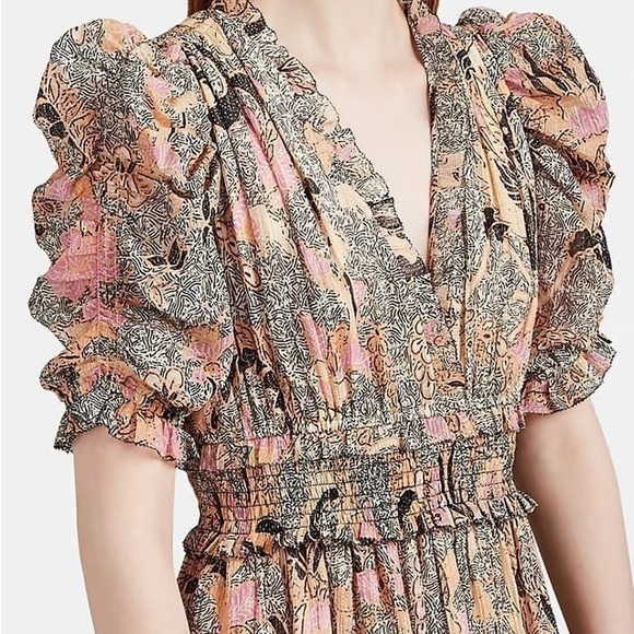 ULLA JOHNSON Claudette Floral Chiffon Beige Dress - Picture 2 of 7